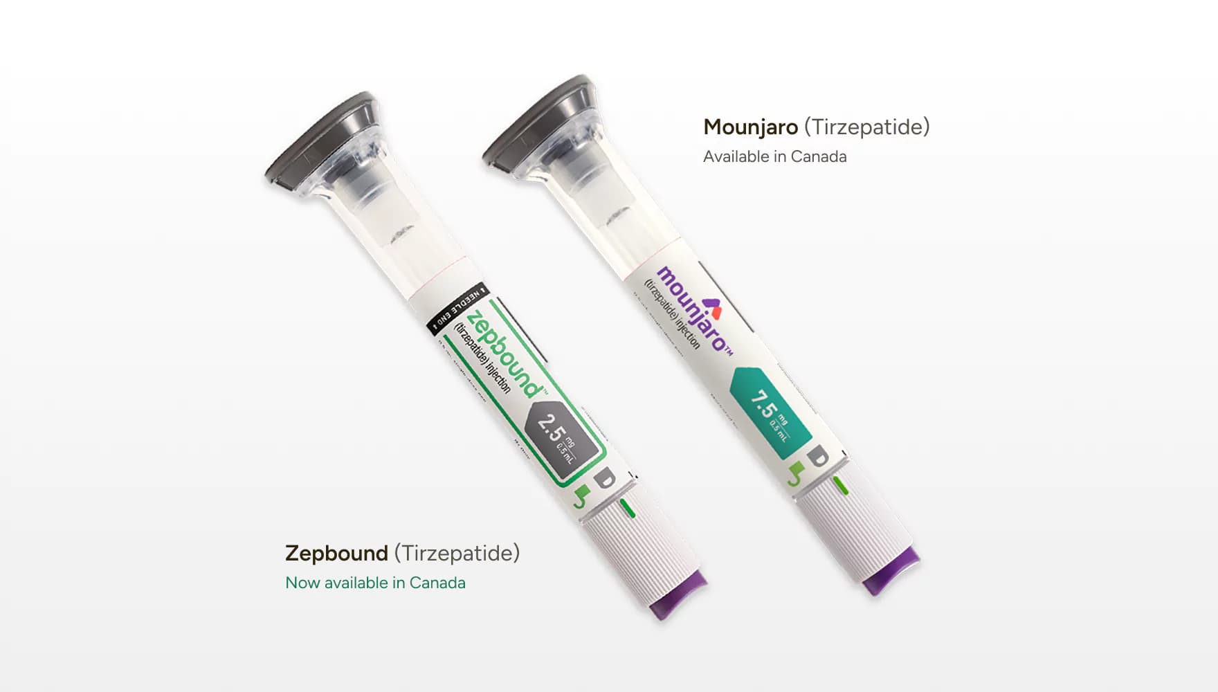Side-by-side comparison of Zepbound and Mounjaro injection pens, illustrating differences in tirzepatide medications for Canadians exploring Zepbound vs Mounjaro